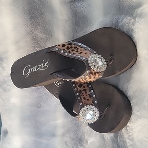 Grazie Wedge Sandals with Bling galore!  Size 8 in Brown and animal print.